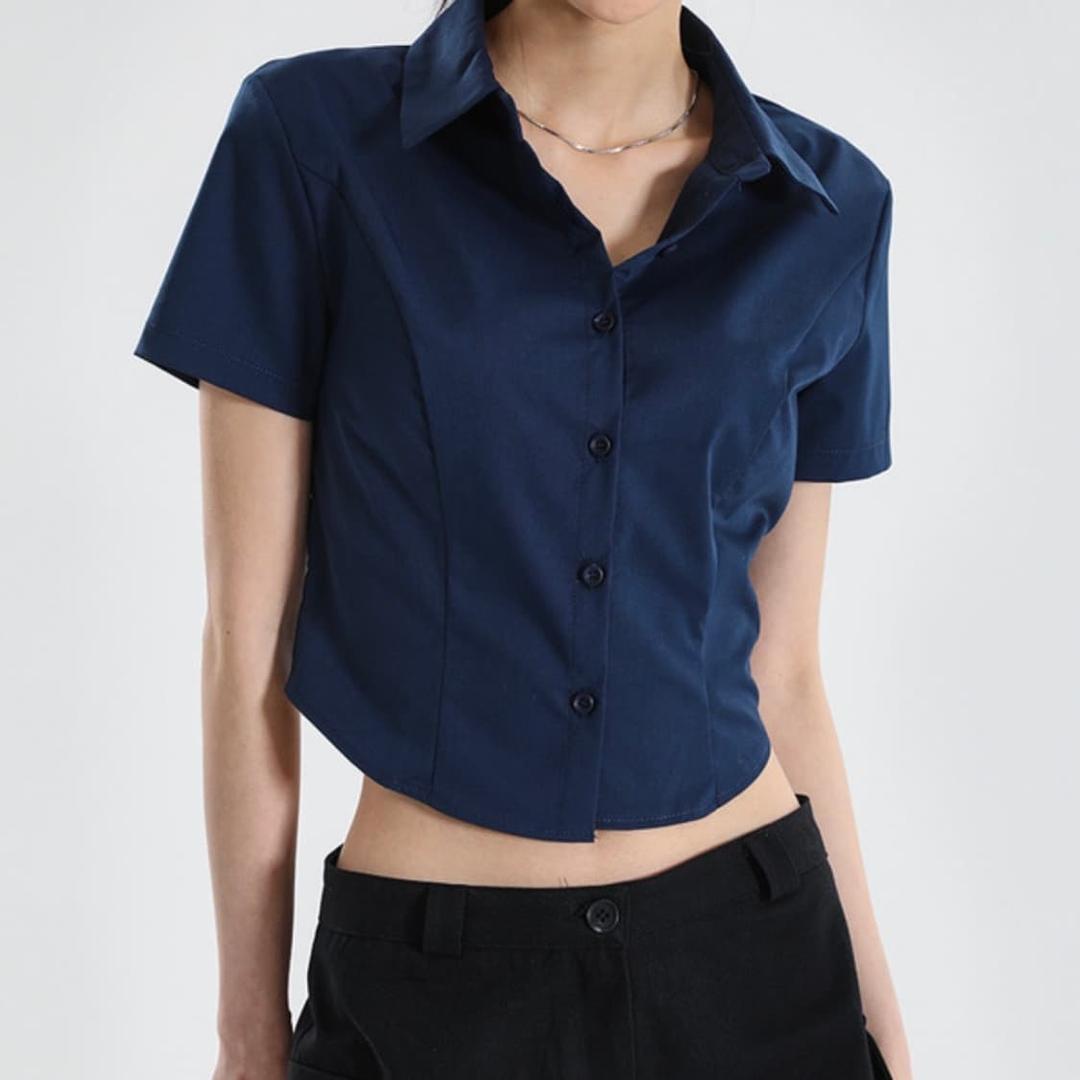 베이직 크롭 반팔 셔츠 네이비 | 후루츠패밀리