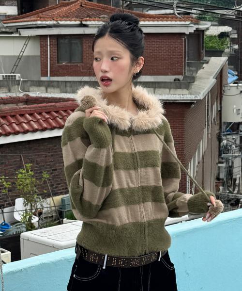 WXK021 탄포포 모헤어 니트 후드 집업 (KHAKI)