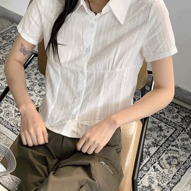 테카 절개 세미 크롭 반팔 남방 셔츠
