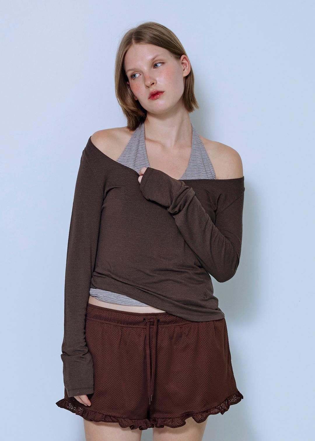[SET] Layered Halter Long Sleeve Top_Brown