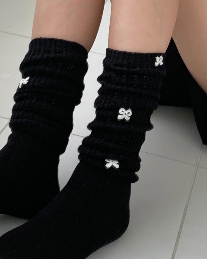 자수 리본 니트 롱삭스 (3 color 워머 니삭스)