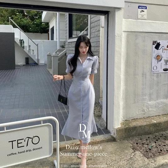 [ 청순그자체დ 몸매보정핏/ 데이트룩] 카라 셔츠 머메이드 핀턱 인어 롱원피스 롱ops 하객룩 여행룩