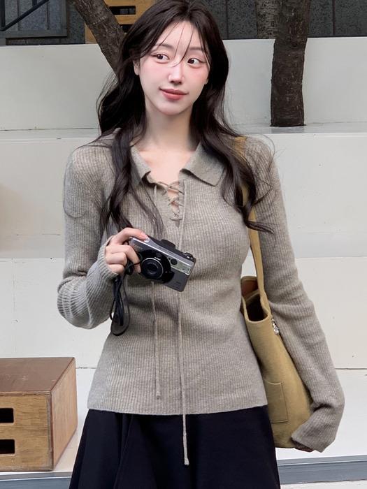 [연우 PICK] comos 1584 lace-up collar ribbed knit (cocoa)