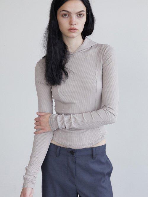 타이트 골지 후드 티셔츠 - 베이지