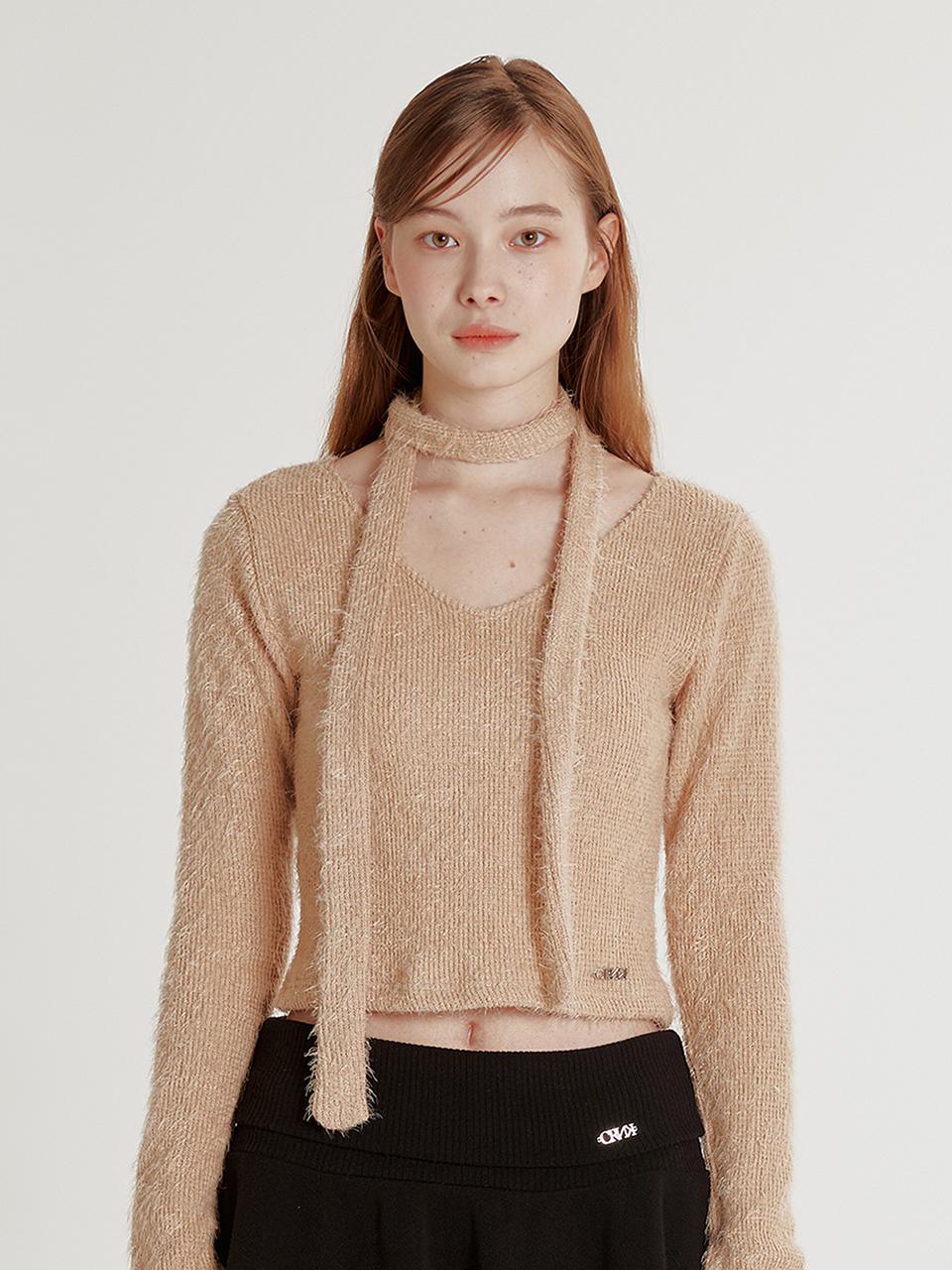 MUFFLER V-NECK CROP TOP_BEIGE