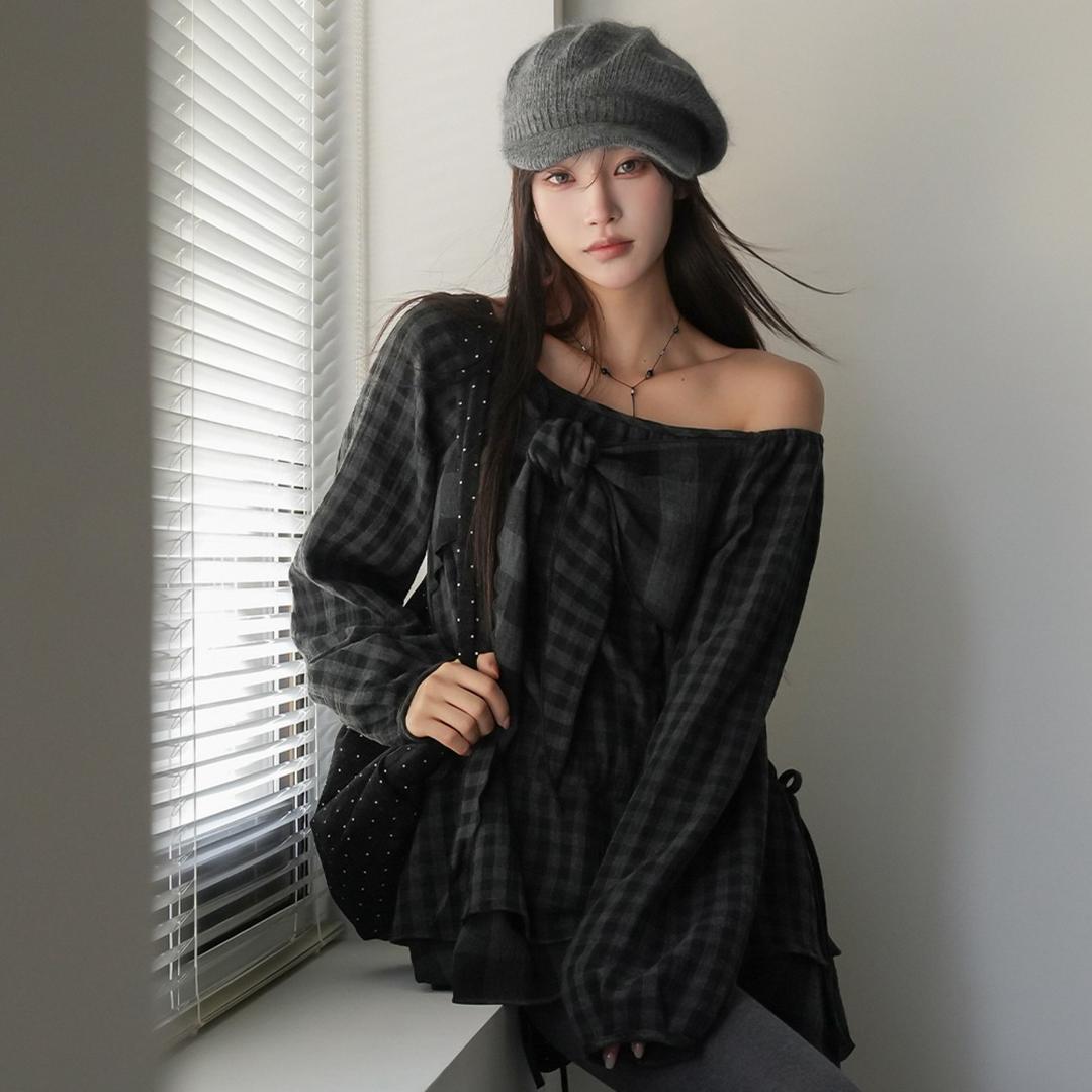 테로바 체크 리본 미니원피스