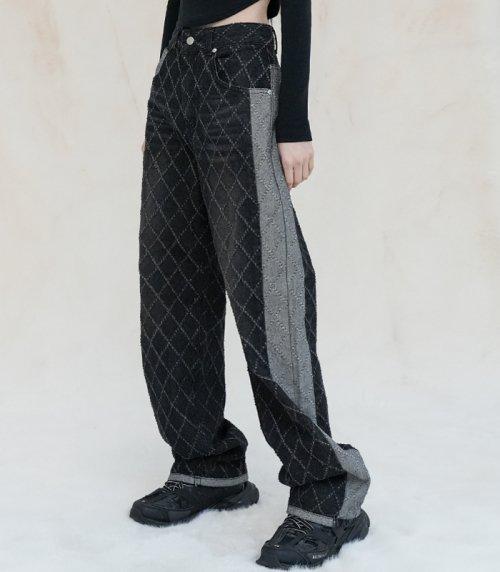 Two-tone Quilting Denim Pants BLACK