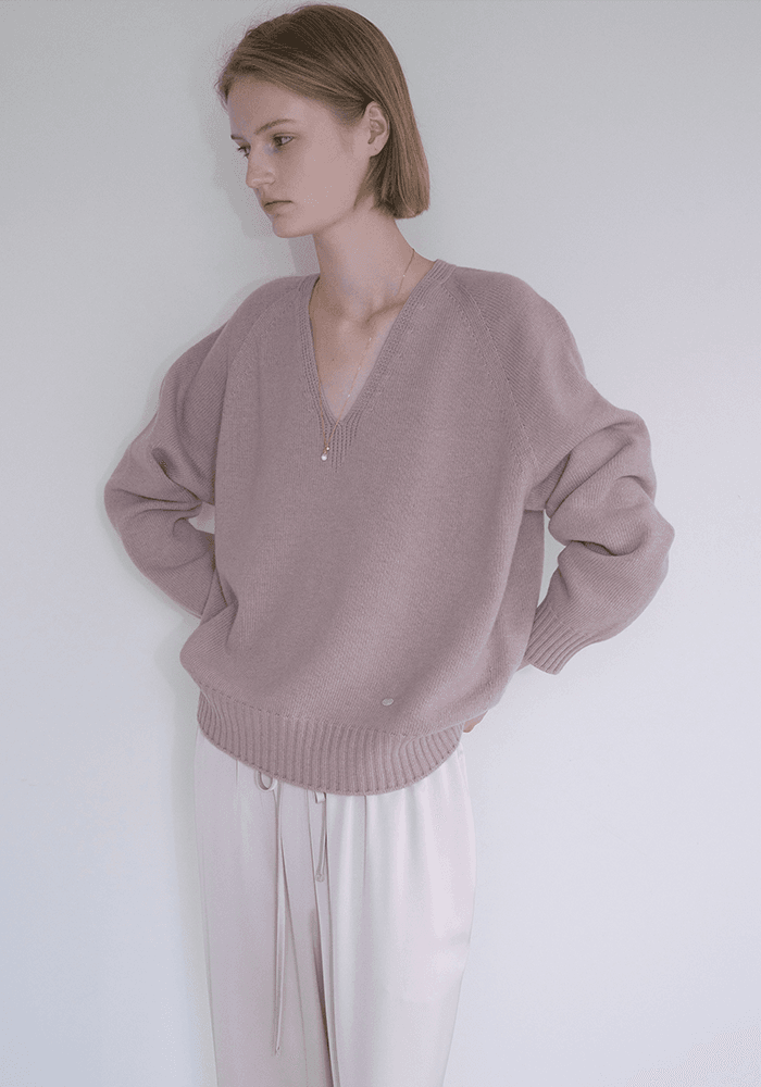 CASH MERINO WOOL V-NECK KNIT_MAUVE PINK