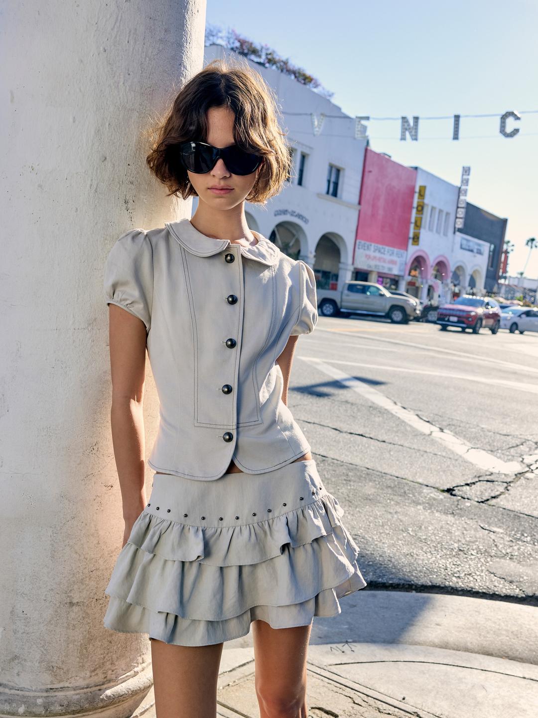 Low Rise Ruffled Metal Detail Layered Mini Skort