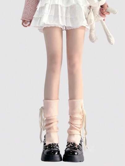 1 Pair Women's Warm Acrylic Knit Leg Warmers, Cute Sweet Bow Lolita Style