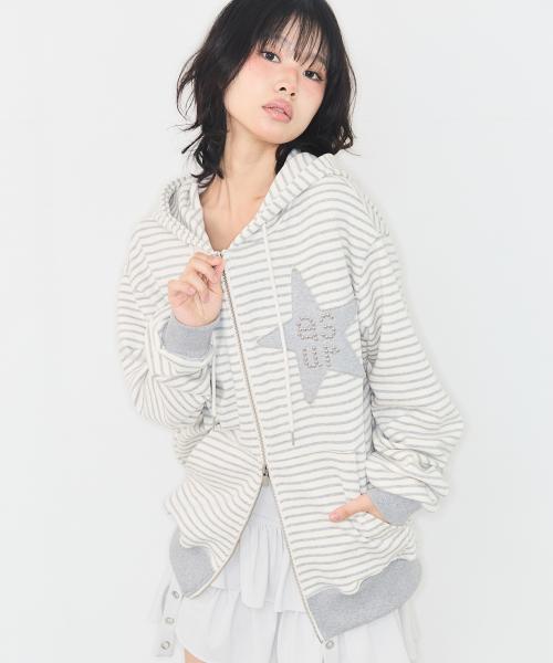 스타 패치 오버핏 후드 집업 아이보리 멜란지