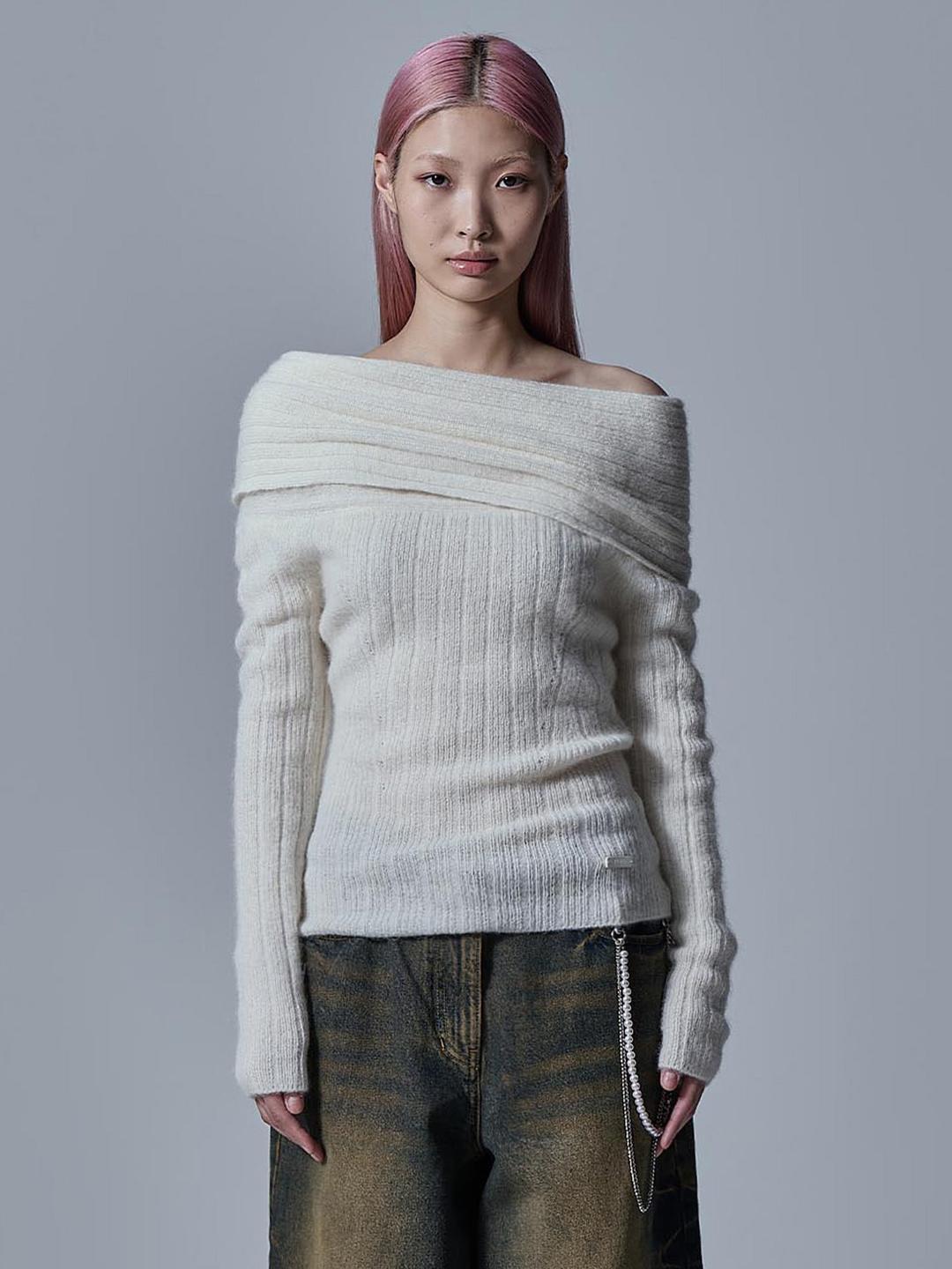 모헤어 오픈 숄더 골지 풀오버 - 아이보리