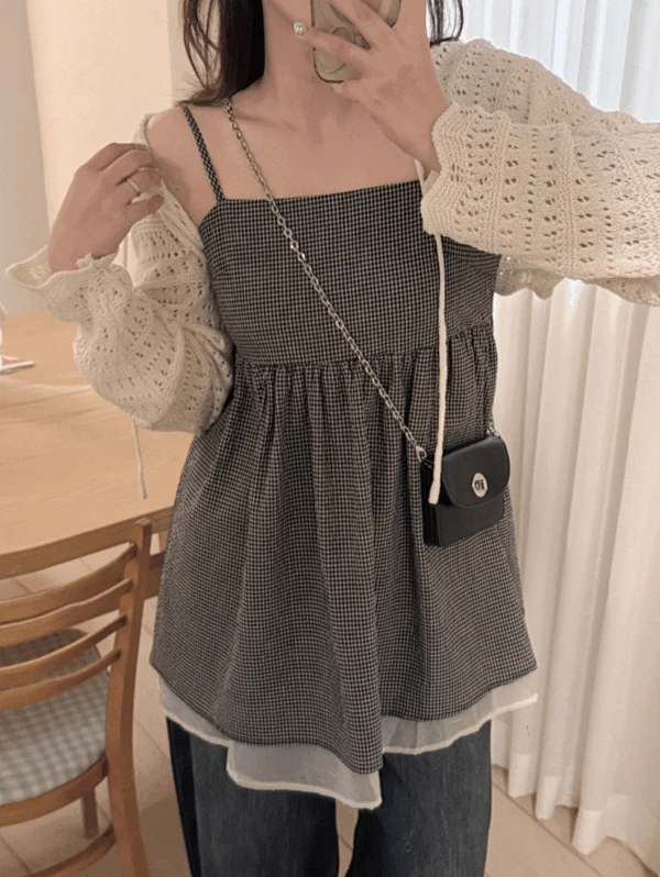 호롱 체크 뷔스티에 원피스 블라우스