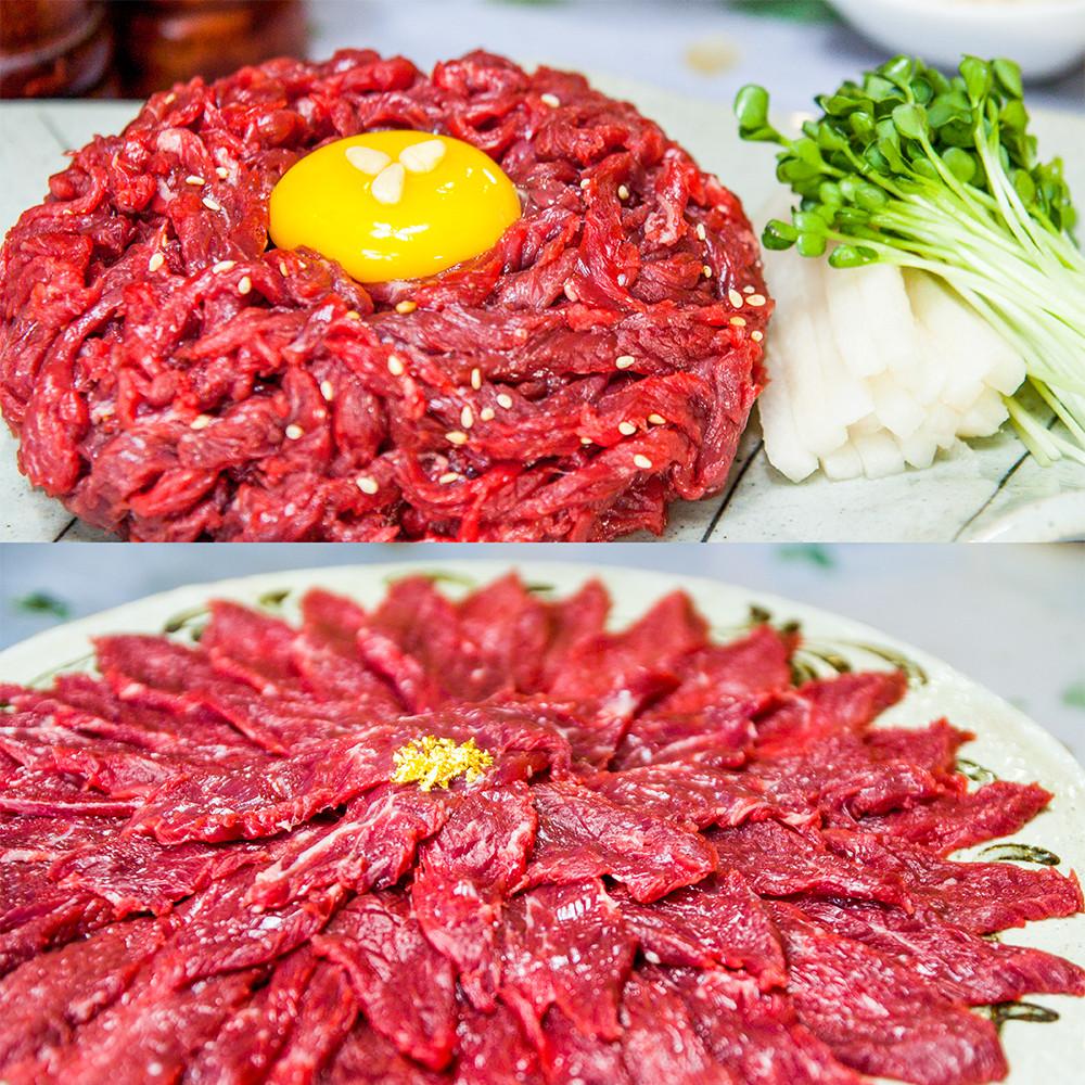 평점4.9 한우/국내산 육회 육사시미 뭉티기 200g 당일작업 신선한 마장동 소고기