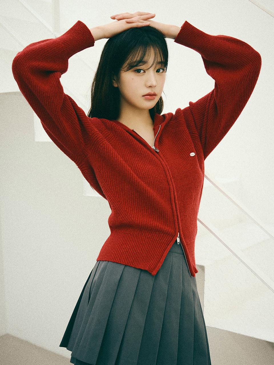 2WAY WOOL KNIT HOODED ZIP-UP RED