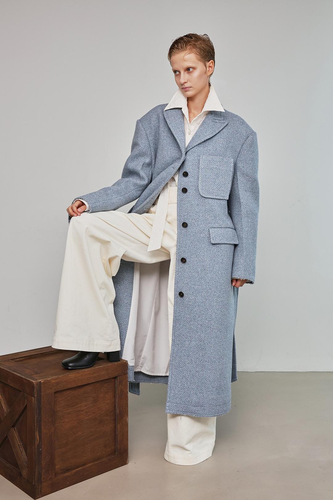 Big Twill Oversized Single Belted Wool Coat _ Soft Blue