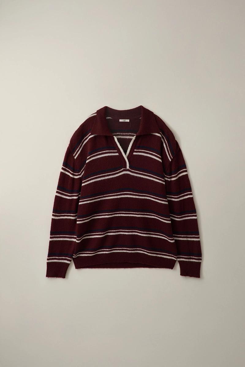 ODER - [오전11시 이전 주문 당일발송] 모헤어 스트라이프 카라 풀오버-와인