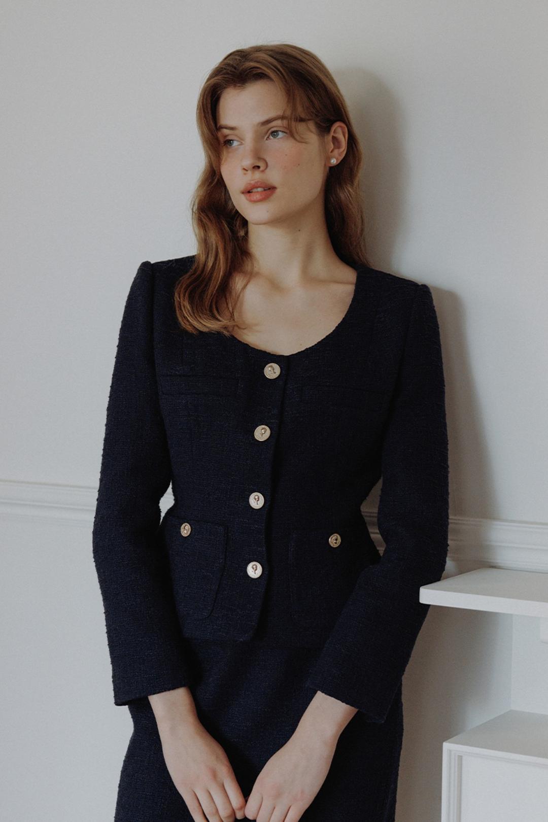 BENJAMIN U-neck tweed jacket (Navy)
