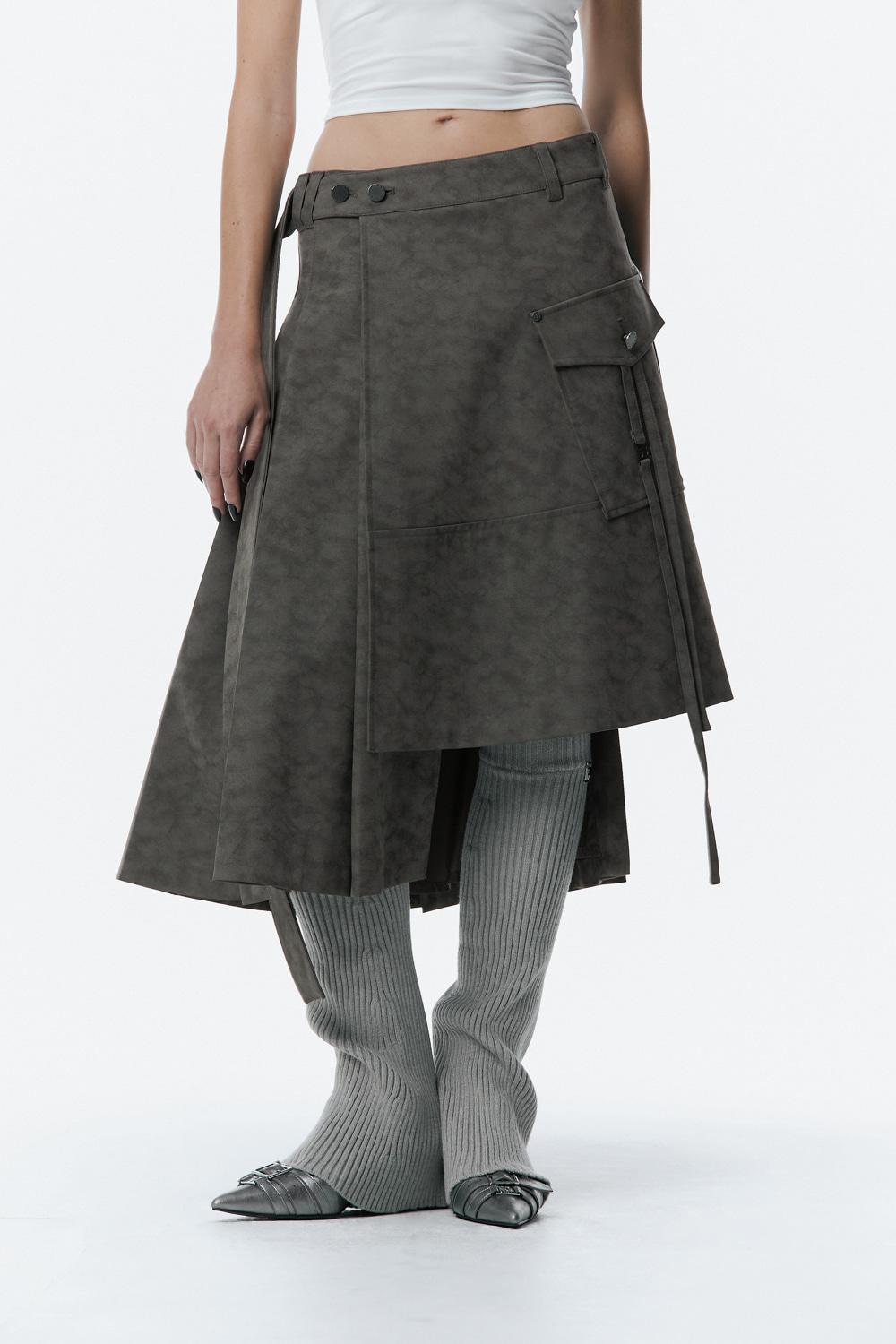 Pleated Leather Wrap Skirt [ Charcoal ]