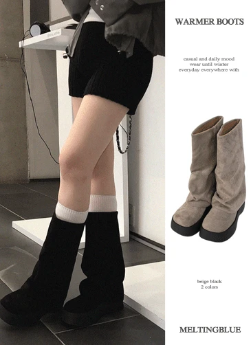[6cm키높이🖤]스팀 워머 부츠 미들부츠 신발 하비부츠 통굽부츠 가을부츠 통넓은부츠 삭스부츠 boots(베이지/블랙)