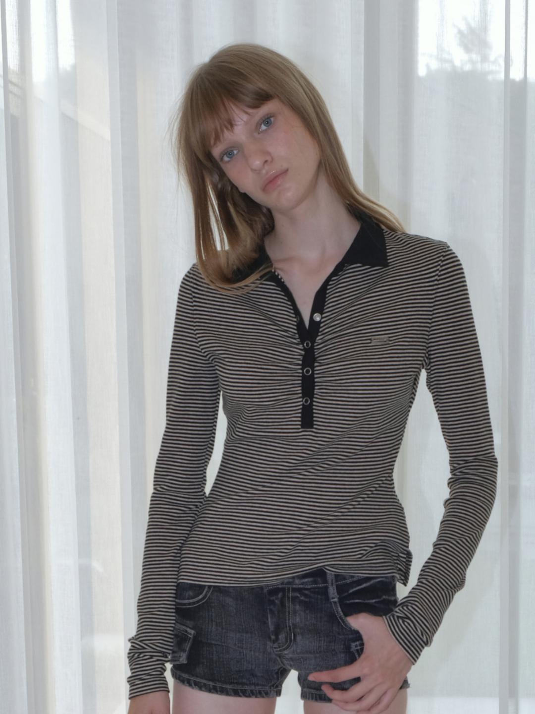 STRIPE SHIRRING PIQUE T-SHIRT [BLACK]