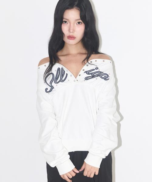 버튼 아일렛 오프숄더 맨투맨 화이트