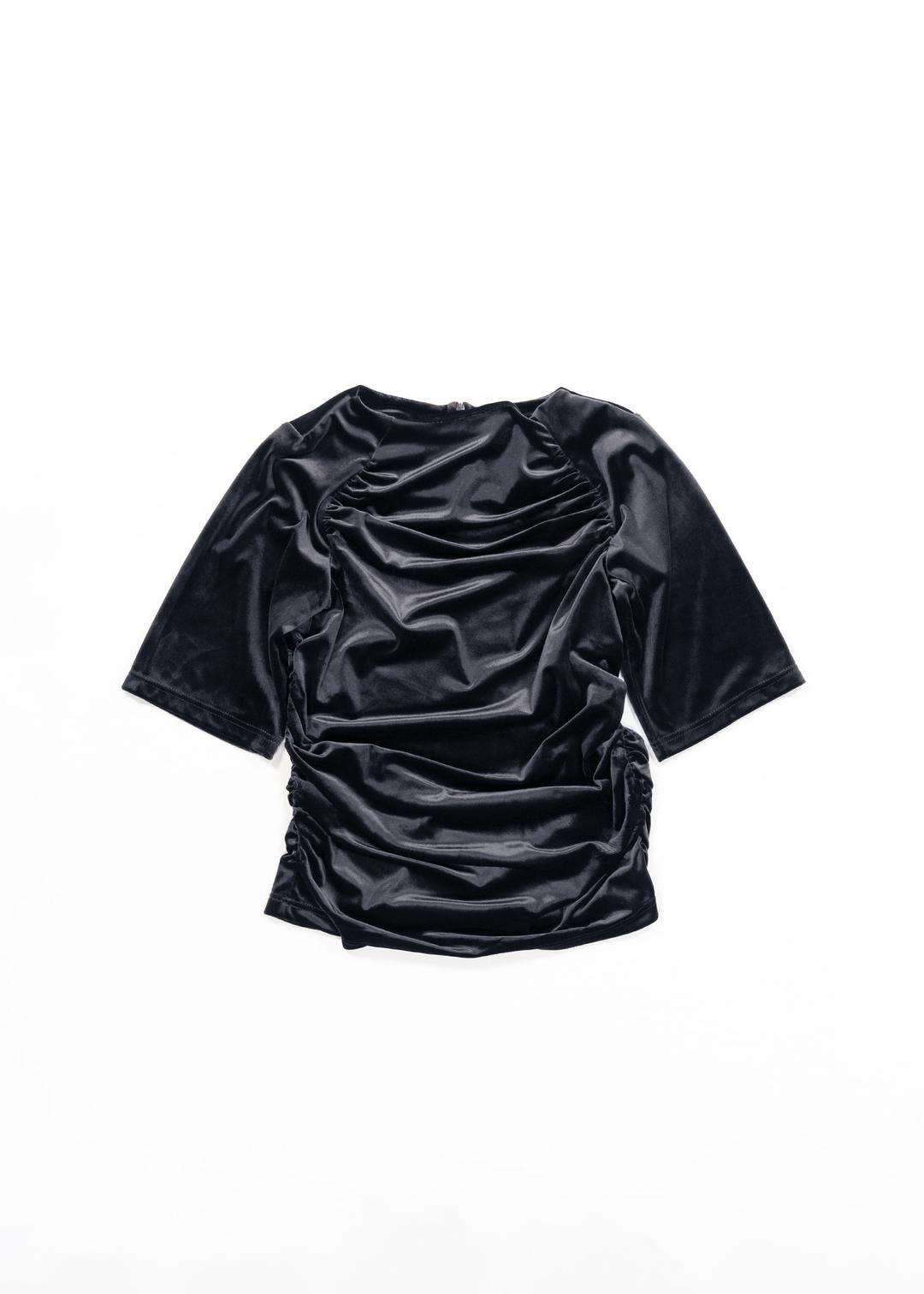 VELOUR RUCHED HALF TOP - CHARCOAL