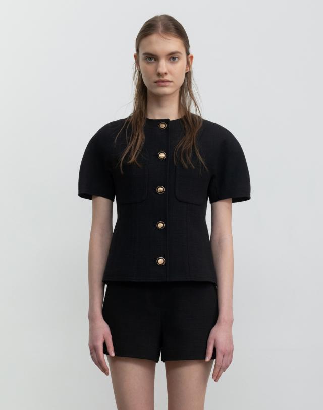 Classy Half-sleeve Tweed Jacket [Black]