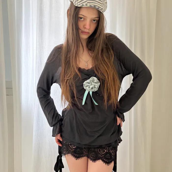 Sheer Twist Ruffle Blouse (Charcoal)