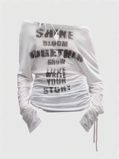 ROMWE Grunge Punk 로맨틱 펑크 크로스 & 레터 프린트 오프숄더 긴팔 티셔츠 여성용