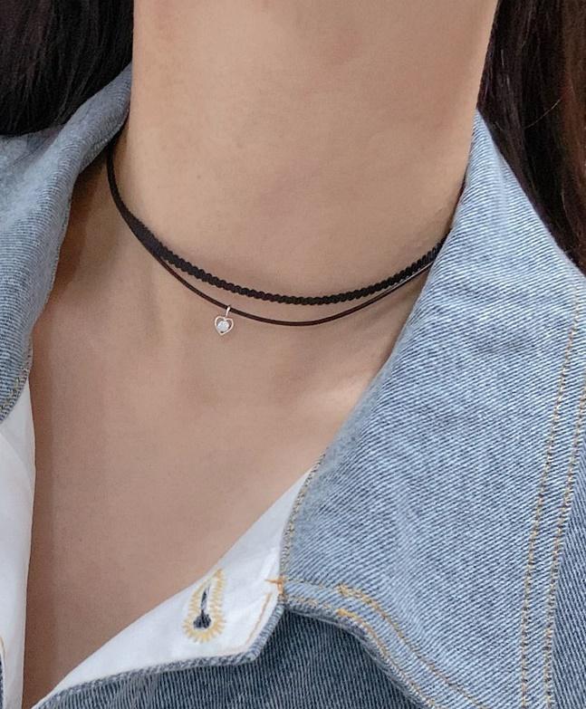 큐빅하트 두줄 초커 목걸이