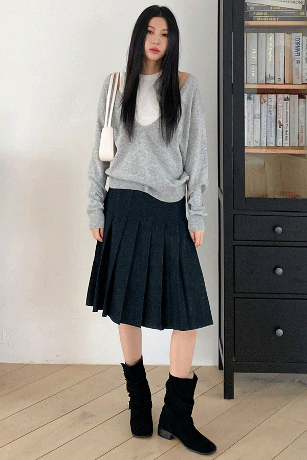 [4계절만능아이템/데일리무드] 데님 플리츠 미디 스커트