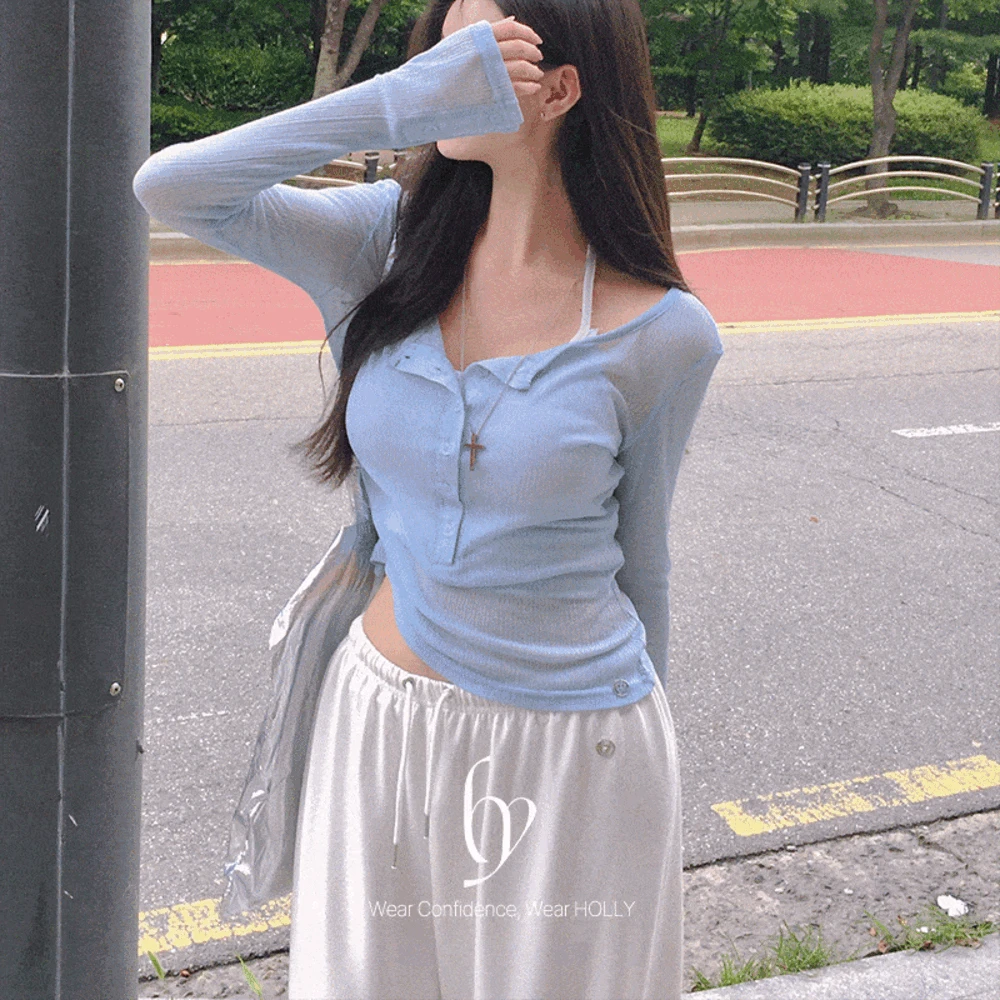 (2size)[여리핏종결] made 시스 단추 슬림 여리 긴팔티