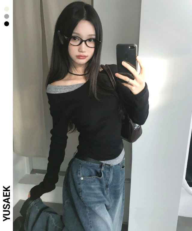 유색 [피치기모🖤/데일리강추] 메이 언발 배색 레이어드 피치기모 니트 티셔츠