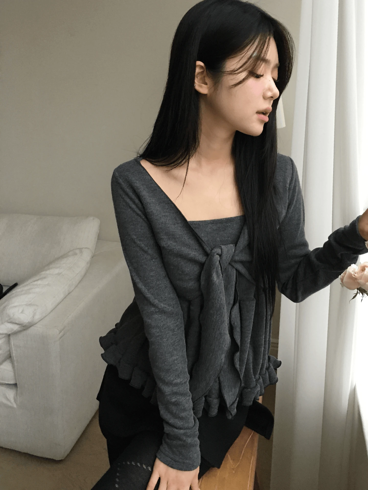 Eve ribbon knit T (cream, charcoal)