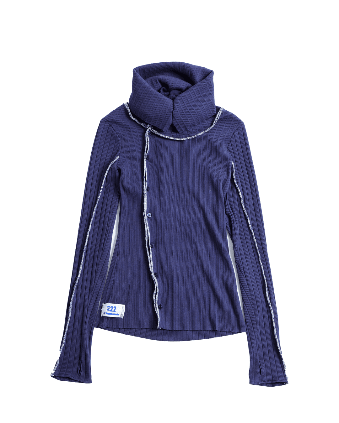 Ruff Cutting High Neck & Off-Shoulder Cardigan - Navy