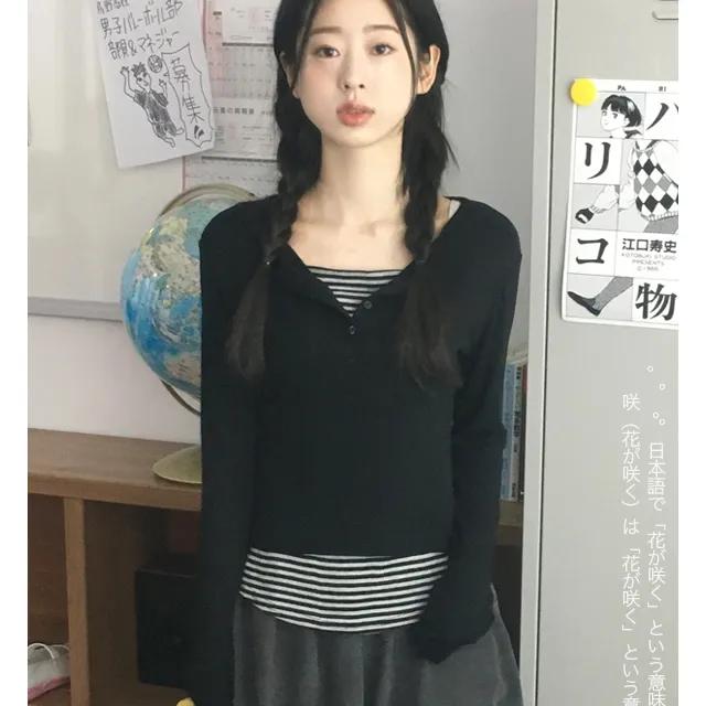 [일체형] 토프 단가라 헨리넥 긴팔 티셔츠