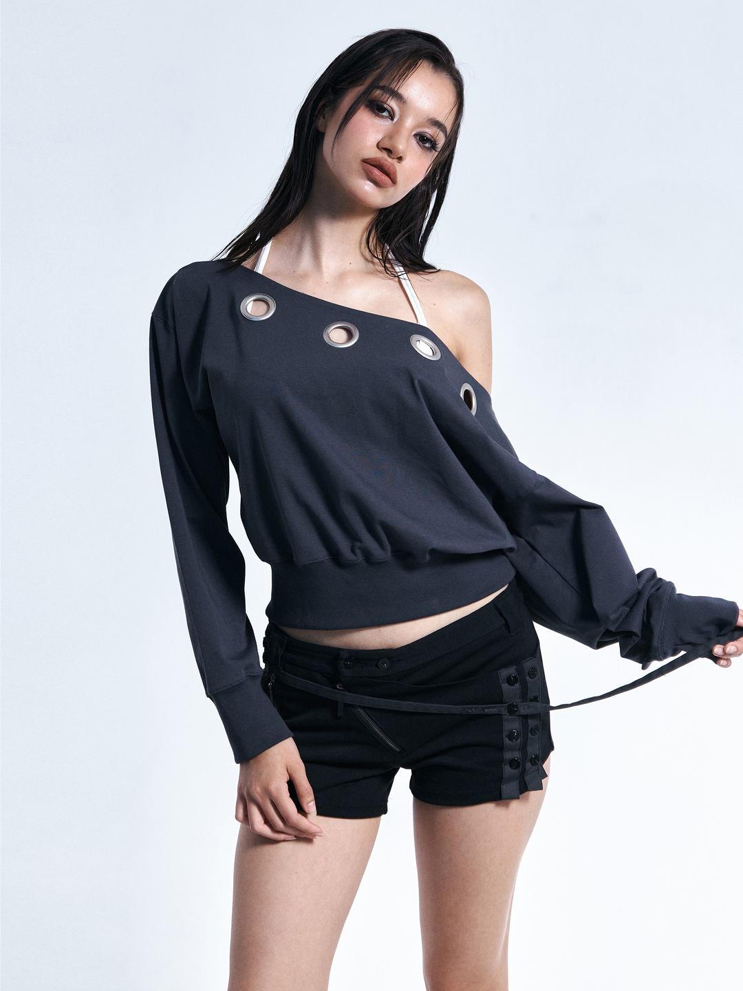 Kealy Eyelet Off-Shoulder Long Sleeve Top (Charcoal)