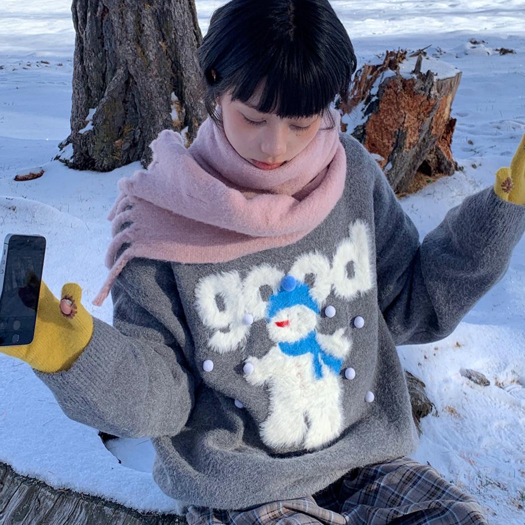 MeihaoStore 퍼 스노우맨 라운드넥 루즈핏 헤어리 니트 스웨터