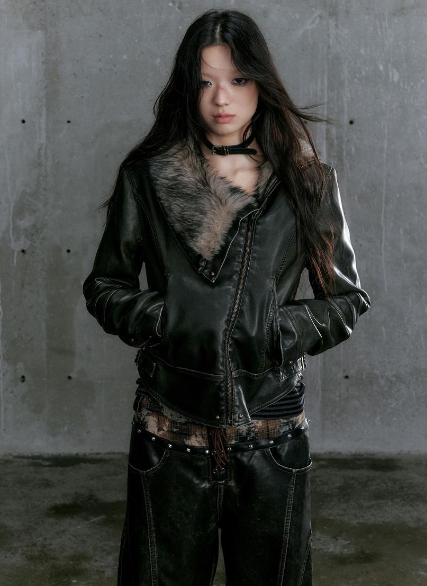 [예약 판매 10% Sale] CestNous Black Coffee Fur Collar Retro Leather Jacket