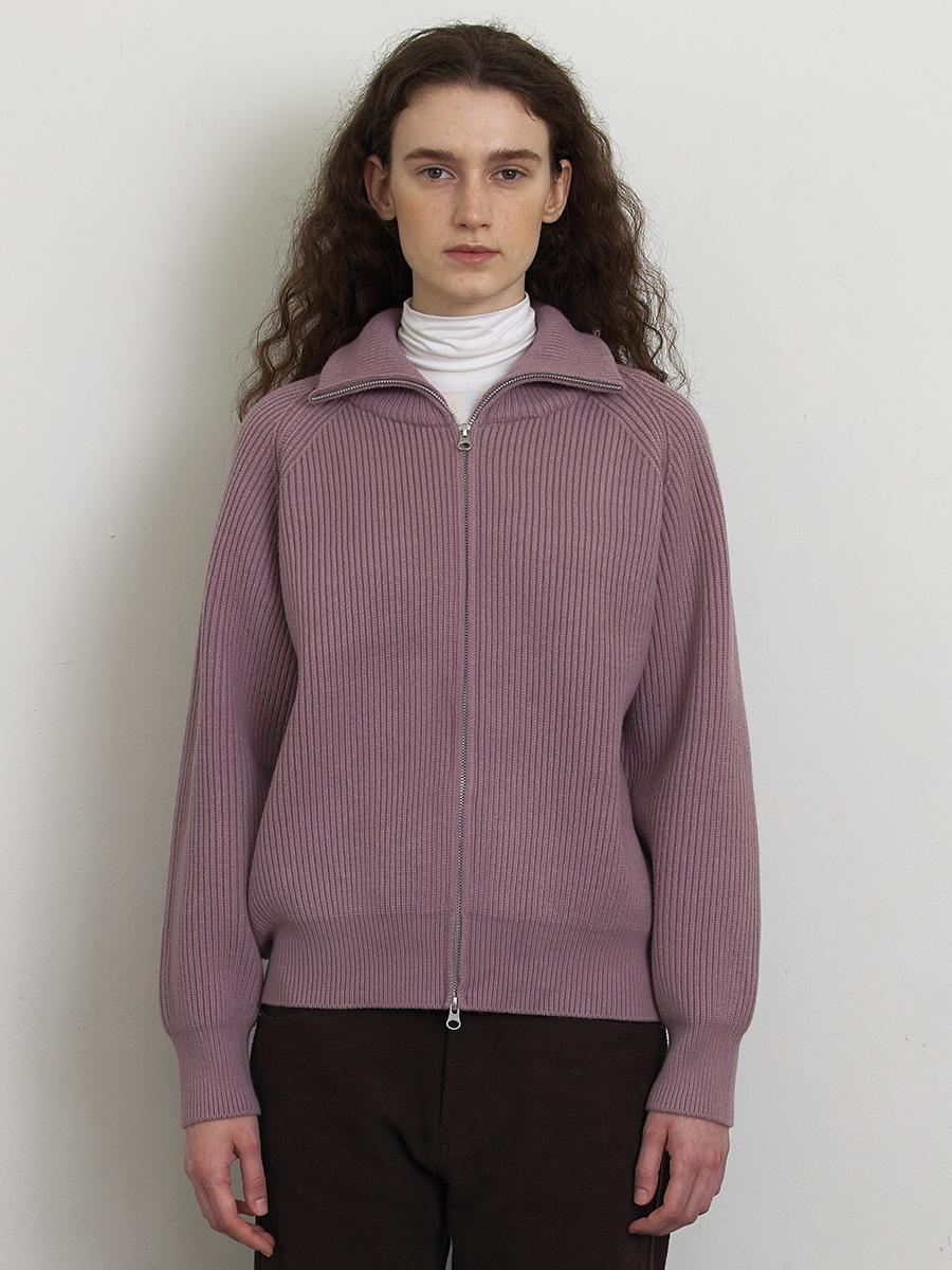 [WOMAN] RIBBED ZIP-UP CARDIGAN_Dusty Purple