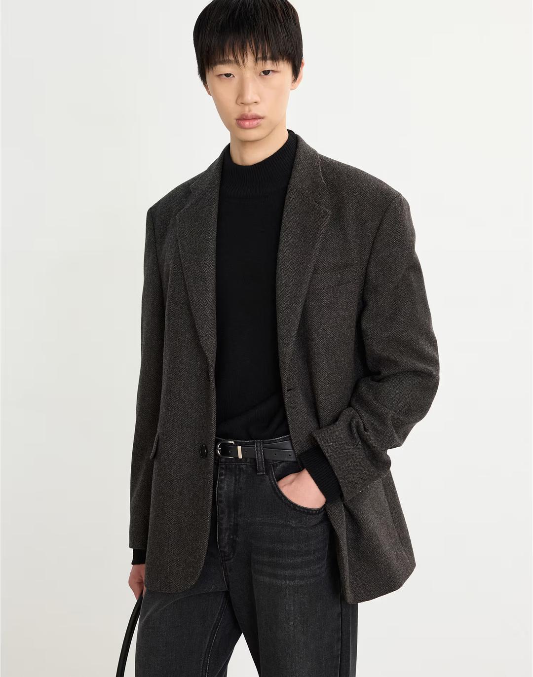 Redford Wool Blended Herringbone Jacket (Deep Brown)