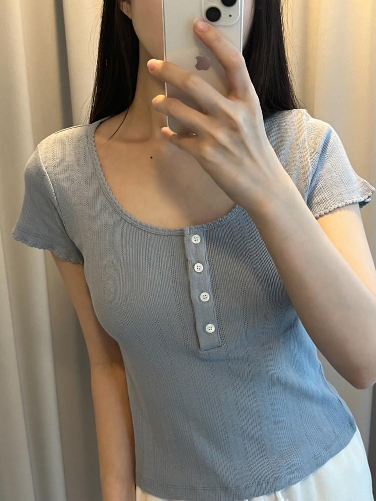 소,베,그 / riette 리에뜨 샤벳 티셔츠 코튼 반팔 아일렛 스카시 레이스 t (4col)