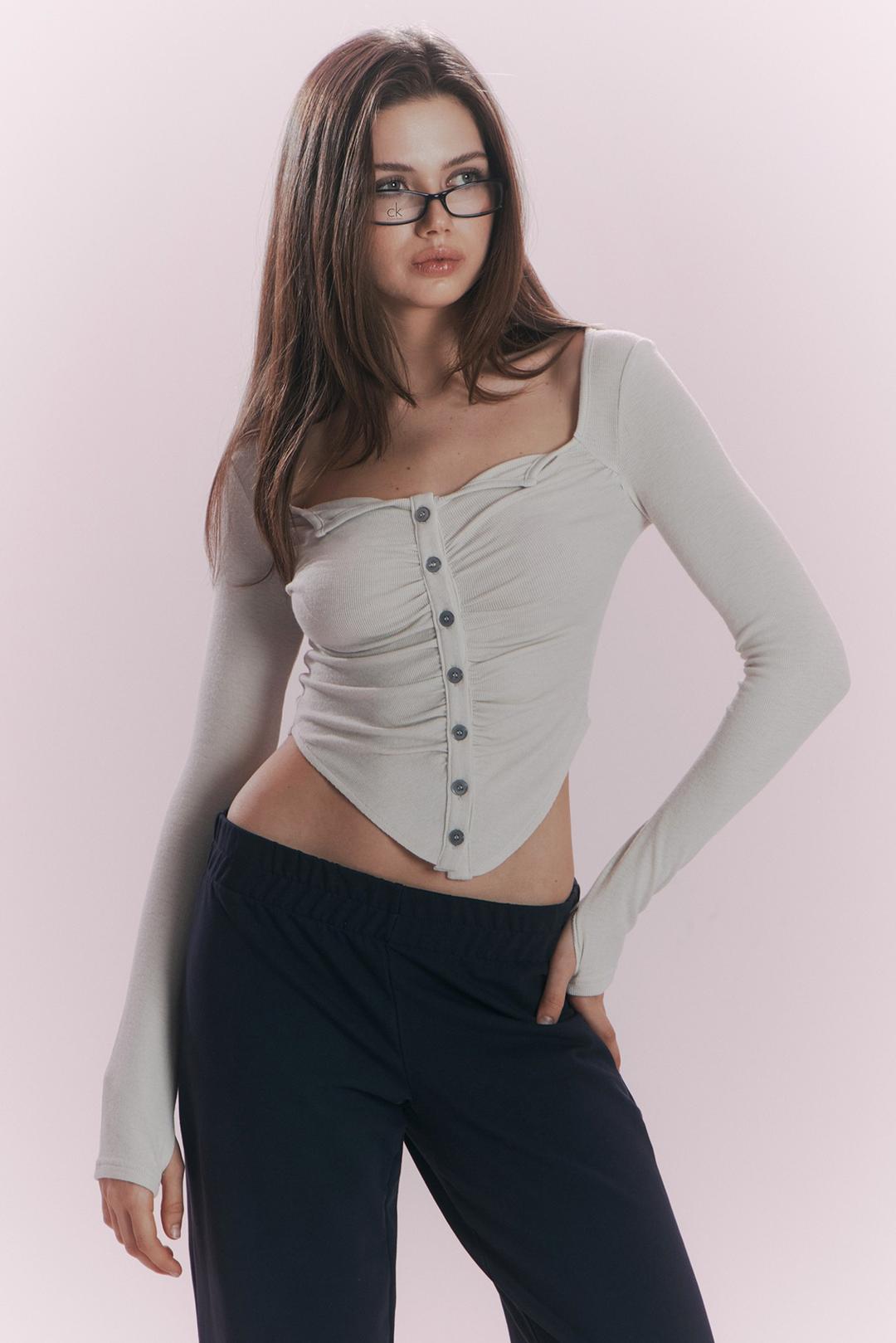 Kaya Button Shirring Long Sleeve Top (Ivory)
