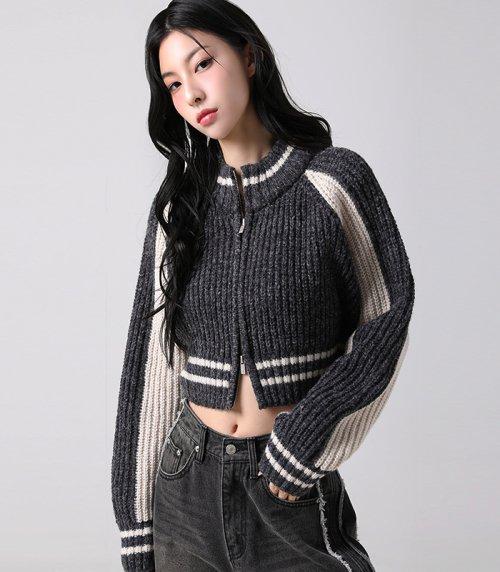 Block Raglan Knit Zip-up CHARCOAL
