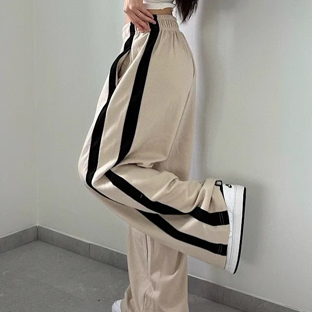 [ 44~99/오버핏 ] 롱 와이드 허리 밴딩 두줄 라인 배색 바지 트레이닝 일자 바지 남녀 공용 커플 팬츠