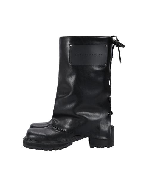 Folded Lace-up Cowhide Boots [ Black ]