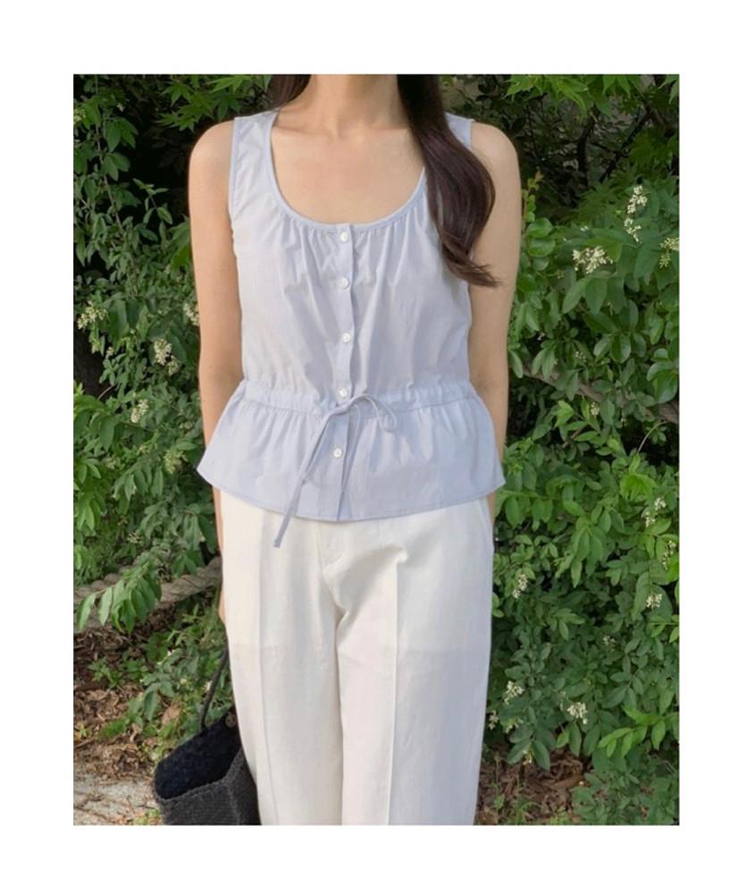 [당일/무배] Monique 모니크 웨더 코튼 셔링 리본 나시 민소매 슬리브리스 블라우스 (3colors) 라이트블루 당일발송