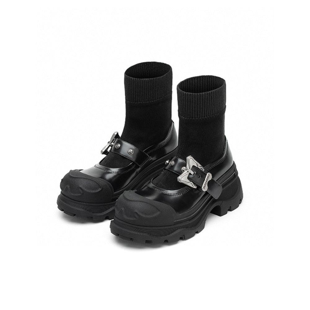 SugarSu Butterfly Buckle Robber Sole Stocking Boots Black - 34