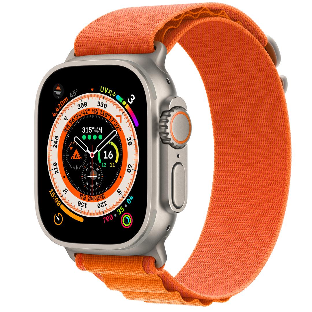 Apple Watch Ultra GPS + Cellular, 49mm 티타늄 케이스, 그리고 오렌지 알파인 루프 - L